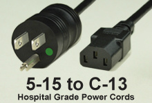Black NEMA 5-15 to C-13 Hospital Grade AC Power Cords and AC Cables