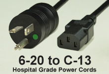 NEMA 6-20 to C-13 Hospital Grade AC Power Cords and AC Cables