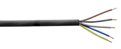 <font color="yellow">Cordage: H07RN-F (10mm²)</font>
<br>
EUROPEAN H07RN-F "HAR" VDE APPROVED CORDAGE, 5 CONDUCTOR 8AWG (10mm²), 450/750 VOLT, 60°C, NEOPRENE/RUBBER JACKET, RUBBER JACKETED CONDUCTORS (BLUE, BROWN, BLACK, GREY, GREEN/YELLOW), O.D. = 22.9-29.1mm, BLACK.

<BR> <font color="yellow"> Notes:</font>
<BR> <font color="yellow">*</font> Temp. range = -30°C to +60°C.  
<BR> <font color="yellow">*</font> Working voltage = 450/750 volts.
<BR> <font color="yellow">*</font> Flexing bending radius = 7.5 x Ø 
<BR> <font color="yellow">*</font> Additional cordage sizes listed below in related products. Scroll down to view.
