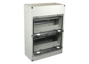 EUROPEAN, UK, INTERNATIONAL WEATHERPROOF 24 MODULE SURFACE MOUNT IP54 RATED CIRCUIT BREAKER ENCLOSURE. ACCEPTS 35 mm DIN RAIL MOUNTED OVERLOAD & GFCI (RCD) BREAKERS, TEMP. RATING = -40C TO +70C. GRAY. CE MARK.

<br><font color="yellow">Notes: </font> 
<br><font color="yellow">*</font>IP65 rating available (use IP68 connectors listed on catalog page 210).
<br><font color="yellow">*</font> Combination PE / Neutral termination strip and extra space filler blanks included.

  
 