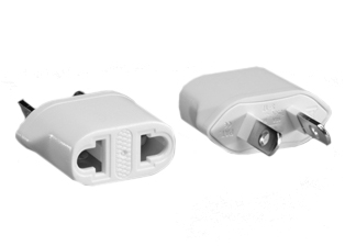 AUSTRALIA, CHINA, ARGENTINA PLUG ADAPTER, CONNECTS AMERICAN NEMA 1-15P (TYPE A) PLUGS & EUROPEAN (4.0 mm /4.8 mm) PIN DIAMETER PLUGS WITH AUSTRALIA, CHINA, ARGENTINA OUTLETS. WHITE. 
 
<br><font color="yellow">Notes: </font>
<br><font color="yellow">*</font> Accepts polarized and non-polarized American type A plugs. 