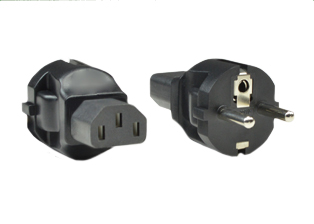 ADAPTER, EUROPEAN "SCHUKO" CEE 7/7 TYPE E & F PLUG (EU1-16P), IEC 60320 C-13 CONNECTOR, 10 AMPERE-250 VOLT, 2 POLE-3 WIRE GROUNDING (2P+E), IMPACT RESISTANT RUBBER BODY. BLACK.  

<br><font color="yellow">Notes: </font> 
<br><font color="yellow">*</font> Connects IEC 60320 C-14 power cords, C-14 "Y" type splitter cords with European "Schuko" CEE 7/3 & France CEE 7/5 type E outlets. Scroll down to view.
