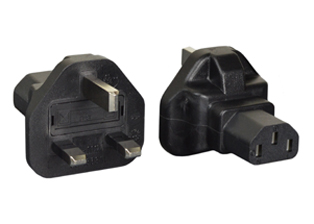 ADAPTER, BRITISH, UNITED KINGDOM BS 1363A TYPE G PLUG (UK1-13P), IEC 60320 C-13 CONNECTOR, 10 AMPERE-250 VOLT, 10 AMP. FUSED, 2 POLE-3 WIRE GROUNDING (2P+E), IMPACT RESISTANT RUBBER BODY. BLACK.  

<br><font color="yellow">Notes: </font> 
<br><font color="yellow">*</font> Mates IEC 60320 C-14 power cords & C-14 "Y" type splitter cords with British, United Kingdom BS 1363, BS 1363A outlets. Scroll down to view.