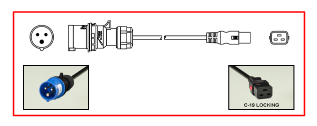 <font color="red">LOCKING</font> IEC 60309 16A-250V UNIVERSAL, EUROPEAN, INTERNATIONAL [C(UL)US, VDE, TUV, KEMA-KEUR] POWER CORD, IEC 60309 (6h) IP44 PLUG, IEC 60320 <font color="RED"> LOCKING C-19 CONNECTOR</font>, 15/3 AWG SJTO - H05VV-F, 1.5 mm², 105°C CORD, 2 POLE-3 WIRE GROUNDING [2P+E], 2.5 METERS [8FT-2IN] [98"] LONG. BLACK. 
<br><font color="yellow">Length: 2.5 METERS [8FT-2IN]</font> 

<br><font color="yellow">Notes: </font> 
<br><font color="yellow">*</font><font color="orange"> Custom lengths / designs available.</font>
<br><font color="yellow">*</font>  IEC 60320 C19 connector locks onto C20 power inlets or C20 plugs. (<font color="red"> Red color (slide release latch) unlocks the C19 connector.</font>)
<br><font color="yellow">*</font> <font color="red"> Locking</font> European, British, UK, Australian, International and America / Canada (NEMA) 5-15P, 5-20P, 6-15P, 6-20P, L5-15P, L6-15P, L5-20P, L6-20P, L5-30P, L6-30P, IEC 60309 (6h), IEC 60320 C19, IEC 60320 C13 locking power cords are listed below in related products. Scroll down to view. 