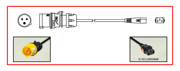 <font color="red">LOCKING</font> IEC 60309 15A-125V POWER CORD, IEC 60309 (4h) IP44 PLUG, IEC 60320 <font color="RED"> LOCKING C-13 CONNECTOR</font>, SJT 14/3 AWG, 105�C CORD, 2 POLE-3 WIRE GROUNDING [2P+E], 2.5 METERS [8FT-2IN] [98"] LONG. BLACK.
<br><font color="yellow">Length: 2.5 METERS [8FT-2IN]</font> 

<br><font color="yellow">Notes: </font> 
<br><font color="yellow">*</font> Locking C13 connector designed to securely lock onto all C14 inlets, C14 plugs, C14 power cords.
<br><font color="yellow">*</font> <font color="orange">Custom lengths / designs available.</font>
<br><font color="yellow">*</font> IEC 60320 C13 connector locks onto C14 power inlets or C14 plugs. (<font color="red"> Red color (slide release latch) unlocks the C13 connector.</font>)
<br><font color="yellow">*</font> <font color="red"> Locking</font> European, British, UK, Australian, International and America / Canada (NEMA) 5-15P, 5-20P, 6-15P, 6-20P, L5-15P, L6-15P, L5-20P, L6-20P, L5-30P, L6-30P, IEC 60309 (6h), IEC 60320 C13, IEC 60320 C19 locking power cords are listed below in related products. Scroll down to view.