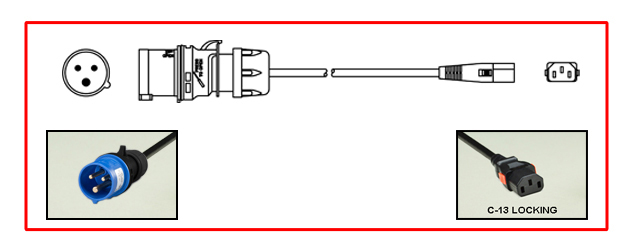 <font color="red">LOCKING</font> IEC 60309 15A-250V POWER CORD, IEC 60309 (6h) IP44 PLUG, IEC 60320 <font color="RED"> LOCKING C-13 CONNECTOR</font>, SJT 14/3 AWG, 105�C CORD, 2 POLE-3 WIRE GROUNDING [2P+E], 2.5 METERS [8FT-2IN] [98"] LONG. BLACK.
<br><font color="yellow">Length: 2.5 METERS [8FT-2IN]</font> 

<br><font color="yellow">Notes: </font> 
<br><font color="yellow">*</font> Locking C13 connector designed to securely lock onto all C14 inlets, C14 plugs, C14 power cords.
<br><font color="yellow">*</font><font color="orange"> Custom lengths / designs available.</font>
<br><font color="yellow">*</font> IEC 60320 C13 connector locks onto C14 power inlets or C14 plugs. (<font color="red"> Red color (slide release latch) unlocks the C13 connector.</font>)
<br><font color="yellow">*</font> <font color="red"> Locking</font> European, British, UK, Australian, International and America / Canada (NEMA) 5-15P, 5-20P, 6-15P, 6-20P, L5-15P, L6-15P, L5-20P, L6-20P, L5-30P, L6-30P, IEC 60309 (6h), IEC 60320 C13, IEC 60320 C19 locking power cords are listed below in related products. Scroll down to view.