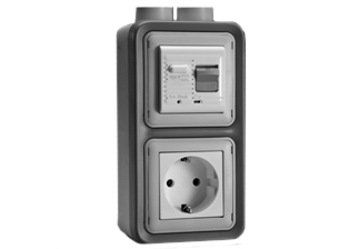 EUROPEAN SCHUKO 16 AMPERE-230 VOLT CEE 7/3 <font color="yellow">GFCI (RCBO/RCD)</font> OUTLET, TYPE F (EU1-16R), 50/60 Hz, <font color="yellow">(10mA TRIP)</font>, VERTICAL SURFACE MOUNT, IP20 RATED, M20 CABLE ENTRY HUBS (**), 2 POLE-3 WIRE GROUNDING (2P+E). GRAY.
  
<BR><font color="yellow">Notes:</font>
<BR><font color="yellow">**</font> M20 adapter #01614 available. Converts M20 to 1/2 inch National Pipe Thread (NPT). 
<BR><font color="yellow">*</font> Downstream outlets can be protected. Use on single phase 230 volt circuits only.
<BR><font color="yellow">*</font> Latched RCD, No reset after power failure. RCBO (single pole + neutral) provides over current protection.
<BR><font color="yellow">*</font> Screw terminal torque = 0.08Nm. Operating temp. = -5C to +40C. 
<BR><font color="yellow">*</font> Weatherproof IP66, IP55 rated outlets listed below. Scroll down to view.
<BR><font color="yellow">*</font> Not for use on life support, medical equipment, refrigeration equipment.  
<BR><font color="yellow">*</font> GFCI (RCBO/RCD) outlets are available for all countries. Contact us.   


