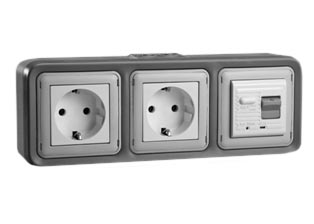 EUROPEAN "SCHUKO" 16 AMPERE-230 VOLT CEE 7/3 <font color="yellow">GFCI (RCBO/RCD)</font> DUPLEX OUTLET, TYPE F (EU1-16R, 50/60 Hz, <font color="yellow">(30mA TRIP)</font>, HORIZONTAL SURFACE MOUNT, IP20 RATED, GLAND CABLE ENTRY, 2 POLE-3 WIRE GROUNDING (2P+E). GRAY.  

<BR><font color="yellow">Notes:</font>
<BR><font color="yellow">*</font> Downstream outlets can be protected. Use on single phase 230 volt circuits only.
<BR><font color="yellow">*</font> Latched RCD, No reset after power failure. RCBO (single pole + neutral) provides over current protection.
<BR><font color="yellow">*</font> Screw terminal torque = 0.08Nm. Operating temp. = -5�C to +40�C. 
<BR><font color="yellow">*</font> Weatherproof IP66, IP55 rated outlets listed below. Scroll down to view.
<BR><font color="yellow">*</font> Not for use on life support, medical equipment, refrigeration equipment.  
<BR><font color="yellow">*</font> GFCI (RCBO/RCD) outlets are available for all countries. Contact us. 
