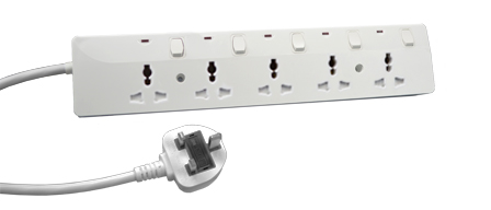 UNIVERSAL, INTERNATIONAL <font color="yellow">MULTI-CONFIGURATION</font> UAE, UK, BRITISH, THAILAND, INDIA <font color="yellow">*</font>, SOUTH AFRICA <font color="yellow">*</font> 5 OUTLET PDU POWER STRIP, 13 AMPERE-250 VOLT (3250 WATTS), 50/60HZ, SHUTTERED CONTACTS, ON/OFF SWITCHES, PILOT LIGHTS, OVERLOAD PROTECTION, 2 POLE-3 WIRE GROUNDING (2P+E), 3.05 METER (10 FOOT) CORD, <font color="yellow"> 13A-250V BS 1363 TYPE G FUSED PLUG.</font> WHITE.  
<br><font color="yellow">Notes:</font> 
<BR><font color="yellow">*</font> Outlets accept International Plugs, <font color="yellow"> India, South Africa 6A-250V Type B Plugs, British, UK 13A-250V BS 1363 Type G Plugs.</font> 

</font> <br><font color="yellow">*</font> Plug adapter # 30140 available. Provides "Earth" grounding connection (2P+E) for CEE 7/7, CEE 7/4 European plugs.
<br><font color="yellow">*</font> Approvals = DAC (Dubai Accreditation Center), UAE.
<br><font color="yellow">*</font> View Dimensional Data Sheet for mating International, European plug types.
<br><font color="yellow">*</font> Complete range of Universal Multi Configuration Power Strips. <a href="https://www.internationalconfig.com/multi-configuration-universal-power-strips-multiple-outlet-pdu-power-distribution-units.asp" style="text-decoration: none">Universal Power Strips Link</a>
<br><font color="yellow">*</font> Power cords, plugs, outlets, adapters listed below in related products. Scroll down to view.


 