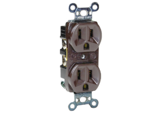 15 AMPERE-125 VOLT (NEMA 5-15R) AMERICAN DUPLEX OUTLET, 2 POLE-3 WIRE GROUNDING, SPECIFICATION GRADE, IMPACT RESISTANT NYLON BODY. BROWN.

<br><font color="yellow">Notes: </font> 
<br><font color="yellow">*</font> Panel mount or mount on standard 2x4 American wall box.
