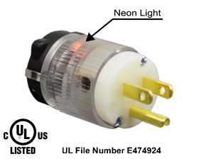 15 AMPERE-125 VOLT (NEMA 5-15P) NEON LIGHTED CLEAR TRANSPARENT PLUG, TYPE B, IMPACT RESISTANT, 2 POLE-3 WIRE GROUNDING (2P+E), SPECIFICATION GRADE. CLEAR. 

<br><font color="yellow">Notes: </font> 
<br><font color="yellow">*</font> Terminals accept 18/3, 16/3, 14/3, 12/3, 10/3 AWG size conductors. Strain relief (cord grip range) = 0.300-0.655" dia.
<br><font color="yellow">*</font> Screw torque: Terminal screws = 12 in. lbs., Strain relief / assembly screws = 8-10 in. lbs.
<br><font color="yellow">*</font> Temp. range = -30�C to +110�C.
<br><font color="yellow">*</font> Plugs, connectors, receptacles, power cords, power strips, weatherproof outlets are listed below in related products. Scroll down to view.