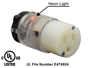 15 AMPERE-125 VOLT (NEMA 5-15P) NEON LIGHTED CLEAR TRANSPARENT CONNECTOR, TYPE B, IMPACT RESISTANT, 2 POLE-3 WIRE GROUNDING (2P+E), SPECIFICATION GRADE. CLEAR. 

<br><font color="yellow">Notes: </font> 
<br><font color="yellow">*</font> Terminals accept 18/3, 16/3, 14/3, 12/3, 10/3 AWG size conductors. Strain relief (cord grip range) = 0.300-0.655" dia.
<br><font color="yellow">*</font> Screw torque: Terminal screws = 12 in. lbs., Strain relief / assembly screws = 8-10 in. lbs.
<br><font color="yellow">*</font> Temp. range = -30�C to +110�C.
<br><font color="yellow">*</font> Plugs, connectors, receptacles, power cords, power strips, weatherproof outlets are listed below in related products. Scroll down to view.
