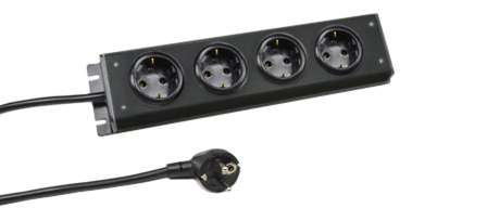 EUROPEAN GERMAN SCHUKO 16 AMPERE-250 VOLT CEE 7/3 (EU1-16R) 4 OUTLET POWER STRIP, SHUTTERED CONTACTS, 2 POLE-3 WIRE GROUNDING (2P+E), 3.0 METER (9FT-10IN) CORD, CEE 7/7 ANGLE PLUG. BLACK.

<br><font color="yellow">Notes: </font> 
<br><font color="yellow">*</font> PDU horizontal rack mount applications. Use #52019, #52019-BLK rack mounting plates.
<br><font color="yellow">*</font> Quad design, square version available. View part #70118.
<br><font color="yellow">*</font> European "Schuko" plugs, outlets, power cords, connectors, outlet strips, GFCI sockets listed below in related products.
Scroll down to view.