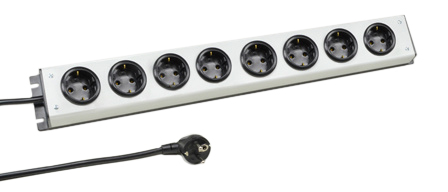 EUROPEAN GERMAN SCHUKO 16 AMPERE-250 VOLT CEE 7/3 (EU1-16R) 8 OUTLET PDU POWER STRIP, SHUTTERED CONTACTS, 2 POLE-3 WIRE GROUNDING (2P+E), 3.0 METER (9FT-10IN) CORD, CEE 7/7 (EU1-16P) ANGLE PLUG. BLACK BASE/GRAY COVER. 

<br><font color="yellow">Notes: </font> 
<br><font color="yellow">*</font> European "Schuko" plugs, outlets, power cords, connectors, outlet strips, GFCI sockets listed below in related products. Scroll down to view.
