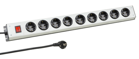 EUROPEAN GERMAN SCHUKO 16 AMPERE-250 VOLT CEE 7/3 (EU1-16R) 9 OUTLET PDU POWER STRIP, ILLUMINATED DOUBLE POLE ON/OFF SWITCH, SHUTTERED CONTACTS, 2 POLE-3 WIRE GROUNDING (2P+E), 3.0 METER (9FT-10IN) CORD. BLACK BASE/GRAY COVER.

<br><font color="yellow">Notes: </font> 
<br><font color="yellow">*</font> European "Schuko" plugs, outlets, power cords, connectors, outlet strips, GFCI sockets listed below in related products. Scroll down to view.