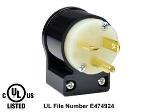 20 AMPERE-250 VOLT (NEMA 6-20P) ANGLE PLUG, IMPACT RESISTANT NYLON BODY, 2 POLE-3 WIRE GROUNDING (2P+E), SPECIFICATION GRADE. BLACK / WHITE. 

<br><font color="yellow">Notes: </font> 
<br><font color="yellow">*</font> Terminals accept 18/3, 16/3, 14/3, 12/3 AWG size conductors. Strain relief (cord grip range) = 0.300-0.650" dia.
<br><font color="yellow">*</font> Temp. range = -40�C to +75�C.
<br><font color="yellow">*</font> Plug cover design allows power cord to exit at 8 different angles. View "Dimensional Data Sheet" below for details.
<br><font color="yellow">*</font> Plugs, receptacles, outlets, power strips, connectors, inlets, power cords, weatherproof outlets, plug adapters are listed below in related products. Scroll down to view.
