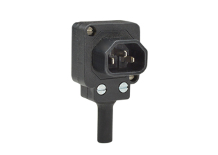 IEC 60320 C-14 ANGLE PLUG, 10 AMPERE-250 VOLT, 2 POLE-3 WIRE GROUNDING (2P+E), BLACK.
<BR> 4 ANGLE OPTIONS: DOWN ANGLE, UP ANGLE, RIGHT ANGLE OR LEFT ANGLE. ACCEPTS 18 AWG (1.0 mm2) CONDUCTORS, 8.5 mm (0.335") MAX DIA. CORDAGE.

<br><font color="yellow">Notes: </font> 
<br><font color="yellow">*</font> Operating temp. = -25�C to +70�C.
<br><font color="yellow">*</font> Max. screw torques: Terminals, cord grip, cover = 0.5Nm.
<br><font color="yellow">*</font> Material = Thermoplastic, UL 94V-0.
<br><font color="yellow">*</font> IEC 60320 plugs, connectors, power cords, outlet strips, sockets, inlets, plug adapters are listed below in related products. Scroll down to view.