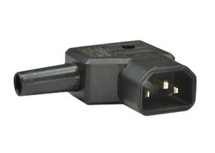IEC 60320 C-14 RIGHT ANGLE PLUG, 10 AMP-250 VOLT, 2 POLE-3 WIRE GROUNDING (2P+E). TERMINALS ACCEPT 18AWG, 16AWG, 14AWG CONDUCTORS, MAX ∅14AWG (2.5mm�), INTERNAL STRAIN RELIEF ACCEPTS 10mm (0.394") DIAMETER CORD, EXTERNAL STRAIN RELIEF ACCEPTS 7mm (0.276") DIAMETER CORD, BLACK. 

<br><font color="yellow">Notes: </font> 
<br><font color="yellow">*</font> Operating temp. = -30�C to +80�C.
<br><font color="yellow">*</font> Material = Polyamide 6 (nylon).
<br><font color="yellow">*</font> IEC 60320 plugs, connectors, power cords, outlet strips, sockets, inlets, plug adapters are listed below in related products. Scroll down to view.