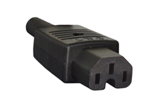 15A-250V, IEC 60320 C-15 CONNECTOR, 2 POLE-3 WIRE GROUNDING (2P+E), TERMINALS ACCEPTS 18 AWG-16 AWG CONDUCTORS. STRAIN RELIEF ACCEPTS 8.7 mm (0.343") DIA. CORD. BLACK.

<br><font color="yellow">Notes: </font> 
<br><font color="yellow">*</font> Operating temp. = -25�C to +85�C.
<br><font color="yellow">*</font> Terminal torque = 0.8Nm, Cover/strain relief = 0.4Nm.
<br><font color="yellow">*</font> Material = Thermoplastic, UL 94V-2.
<br><font color="yellow">*</font> Mates with C-16 power inlets.
<br><font color="yellow">*</font> Power cords, plugs, connectors, power inlets, plug adapters listed below in related products. Scroll down to view.