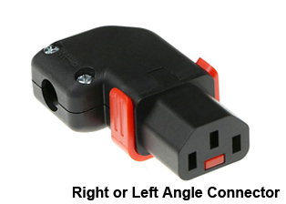 TRU-LOCK IEC 60320, <font color="RED"> RIGHT ANGLE / LEFT ANGLE C-13 LOCKING CONNECTOR</font> REWIREABLE, 10A-125V, 10A-250V, C(UL)US LISTED, INTERNATIONAL APPROVALS: KEMA-KEUR, ENEC-05, AUSTRALIA AS/NZS 4417 RCM MARK, 2 POLE-3 WIRE GROUNDING (2P+E). BLACK.

<br><font color="yellow">Notes: </font> 
<br><font color="yellow">*</font> Locking C13 connector designed to securely lock onto all C14 inlets, C14 plugs, C14 power cords.
<br><font color="yellow">*</font> Cover reversible for right / left angle applications.
<br><font color="yellow">*</font> Terminals accept 18AWG-14AWG (0.75mm-1.50mm) conductors.
<br><font color="yellow">*</font> Max cable size = 9.5mm (0.374") dia.
<br><font color="yellow">*</font> Terminal screw torque = 0.4Nm, Strain relief = 0.3Nm
<br><font color="yellow">*</font> Temp. range = -20C to +55C.
<br><font color="yellow">*</font> Locks onto C-14 inlets, PDU strips, plugs, cords.<font color="RED"> Red slide lever unlocks C-13 connector.</font> Retract (pull back) red color lever before inserting or removing connector. Prevents damage to locking system.
<br><font color="yellow">*</font> Body Material LSZH (Low Smoke Zero Halogen).
<br><font color="yellow">*</font> IEC 60320 C-13, C-19 "locking" power cords, outlet strips, sockets are listed in related products. Scroll down to view.