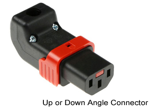 TRU-LOCK IEC 60320, <font color="RED"> UP ANGLE / DOWN  ANGLE C-13 LOCKING CONNECTOR</font> (REWIREABLE), 10A-250V, 15A-250V, C(UL)US LISTED, INTERNATIONAL APPROVALS: KEMA-KEUR, ENEC-05, AUSTRALIA AS/NZS 4417 (RCM MARK), 2 POLE-3 WIRE GROUNDING (2P+E). BLACK.

<br><font color="yellow">Notes: </font> 
<br><font color="yellow">*</font> Locking C13 connector designed to securely lock onto all C14 inlets, C14 plugs, C14 power cords.
<br><font color="yellow">*</font> Cover reversible for up / down angle applications.
<br><font color="yellow">*</font> Terminals accept 18AWG-14AWG (0.75mm-1.50mm) conductors.
<br><font color="yellow">*</font> Max cable size = 9.5mm (0.374") dia.
<br><font color="yellow">*</font> Terminal screw torque = 0.4Nm, Strain relief = 0.3Nm
<br><font color="yellow">*</font> Temp. range = -20�C to +55�C.
<br><font color="yellow">*</font> Locks onto C-14 inlets, PDU strips, plugs, cords.<font color="RED"> Red slide lever unlocks C-13 connector.</font> Retract (pull back) red color lever before inserting or removing connector. Prevents damage to locking system.
<br><font color="yellow">*</font> Body Material LSZH (Low Smoke Zero Halogen).
<br><font color="yellow">*</font> IEC 60320 C-13, C-19 "locking" power cords, outlet strips, sockets are listed in related products. Scroll down to view.

