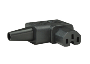 15A-250V IEC 60320 C-15 RIGHT ANGLE CONNECTOR, (UL, CSA, VDE APPROVED), 2 POLE-3 WIRE GROUNDING (2P+E), TERMINALS ACCEPT 18 AWG-14 AWG (2.5 mm2) CONDUCTORS, 8.5 mm (0.335") DIA. CORDAGE, BLACK. 

<br><font color="yellow">Notes: </font> 
<br><font color="yellow">*</font> Connects with C-16 power inlets.
<br><font color="yellow">*</font> Power cords, plugs, connectors, power inlets, plug adapters are listed below in related products. Scroll down to view.