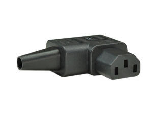 IEC 60320 C-13 RIGHT ANGLE CONNECTOR, 15 AMPERE-250 VOLT AND 10 AMPERE-250 VOLT, 2 POLE-3 WIRE GROUNDING (2P+E), TERMINALS ACCEPT 14 AWG (2.5 mm2) CONDUCTORS, 10 mm (0.394") DIA. CORDAGE, BLACK. 

<br><font color="yellow">Notes: </font> 
<br><font color="yellow">*</font> IEC 60320 plugs, connectors, power cords, outlet strips, sockets, inlets, plug adapters are listed below in related products. Scroll down to view.