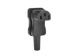 IEC 60320 C-13 DOWN ANGLE CONNECTOR, 10 AMPERE-250 VOLT VDE, 2 POLE-3 WIRE GROUNDING (2P+E), TERMINALS ACCEPT 14 AWG (2.5 mm2) CONDUCTORS, 8.5 mm (0.315") DIA. CORDAGE. BLACK. 

<br><font color="yellow">Notes: </font> 
<br><font color="yellow">*</font>  IEC 60320 plugs, connectors, power cords, outlet strips, sockets, inlets, plug adapters are listed below in related products. Scroll down to view.
