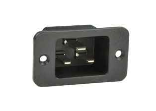 IEC 60320 C-20 INLET 20 AMPERE-250 VOLT AND 16 AMPERE-250 VOLT, 2 POLE-3 WIRE GROUNDING, PANEL MOUNT, SCREW TERMINALS, BLACK.