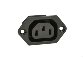 IEC 60320 C-13 POWER OUTLET, 15/10 AMPERE-250 VOLT, SCREW MOUNT TO PANELS, 3.5 x 0.8 mm (0.138" x 0.032") SOLDER TERMINALS, 2 POLE-3 WIRE GROUNDING, BLACK.
