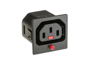 TRU-LOCK IEC 60320 <font color="red">LOCKING</font> C-13 PANEL MOUNT OUTLET, UNIVERSAL APPROVALS, C(RU)US, 15A-250V, INTERNATIONAL KEMA/KEUR, ENEC 05, CCC, 10A-250V, IMPACT RESISTANT NYLON (PA66), 2 POLE-3 WIRE GROUNDING (2P+E), SNAP-IN MOUNT ON 1.0mm PANELS, 6.3 x 0.08mm (0.250" x 0.032"), QUICK CONNECT / SOLDER TERMINALS. BLACK. 

<br><font color="yellow">Notes: </font> 
<br><font color="yellow">*</font> Locking C13 receptacles designed to securely lock onto all C14 plugs, C14 power cords.
<br><font color="yellow">*</font> Operating temp. = -20�C to +55�C.
<br><font color="yellow">*</font> Outlet accepts and "locks in" C-14 type plugs. Press in and hold down the <font color=Red>Red button</font> until the C-14 plug is fully seated in the C-13 locking outlet, then release the button. This procedure locks in the C-14 plug. Push in and hold down Red button to unlock the C-14 plug.
<br><font color="yellow">*</font> <font color="RED"> IEC 60320 Integrated Component Locking System:</font> IEC 60320 C-13 locking PDU strips and locking power cords  mated with #57320-LK outlets provide a system of integrated locking components that prevent accidental disconnects.
<br><font color="yellow">*</font> C-13, C-14 locking power cords, locking outlet strips, locking C-19 panel mount outlets are listed below in related products.
<br><font color="yellow">*</font> 57320-LKX1.0M mounts into 1.0mm thick panels. Option: #57320-LK mounts into 1.5mm thick panels.
