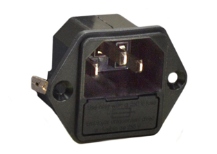 IEC 60320 C-14 10A-250V POWER INLET WITH SINGLE POLE FUSEHOLDER, SCREW ON PANEL MOUNT - FRONT OR REAR, BRASS NICKEL PLATED CONTACTS, BRASS SILVER AND TIN PLATED TERMINALS, 4.8 x 0.8 mm (0.187” x 0.032”) QUICK DISCONNECT Q.D. TERMINALS. BLACK. 

<br><font color="yellow">Notes: </font> 
<br><font color="yellow">*</font> Material = Fiberglass reinforced thermoplastic (PETP), UL 94V-0.
<br><font color="yellow">*</font> Fuse drawer for power inlet must be ordered separately.