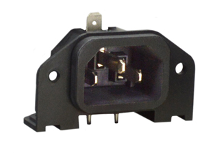 IEC 60320 C-14 POWER INLET, 10 AMPERE 250 VOLT AND 15 AMPERE 250 VOLT, RIGHT ANGLE PC MOUNT, SCREW ON PANEL MOUNT FROM REAR, WAVE SOLDERABLE AND WASHABLE IN AQUEOUS SOLUTIONS, THERMOPLASTIC UL 94 V-O, BRASS NICKEL PLATED CONTACTS, BRASS TIN PLATED TERMINALS, BLACK.