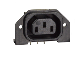 IEC 60320 C-13 POWER OUTLET, 10 AMPERE-250 VOLT AND 15 AMPERE-250 VOLT, PC MOUNT, SOLDERABLE, 2 POLE-3 WIRE GROUNDING, RIGHT ANGLE PC MOUNT, SCREW ON PANEL MOUNT FROM REAR, WAVE SOLDERABLE AND WASHABLE IN AQUEOUS SOLUTIONS, THERMOPLASTIC UL 94 V-O. BRASS TIN PLATED TERMINALS, BLACK.
