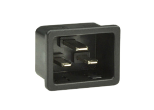 IEC 60320 C-20 POWER INLET, 20 AMPERE 250 VOLT AND 16 AMPERE 250 VOLT, 2 POLE-3 WIRE GROUNDING, SNAP-IN PANEL MOUNT, 6.3 x 0.8 mm (0.250" x 0.032") QUICK CONNECT Q.D. TERMINALS, UL 94V-O RATED, BLACK.

