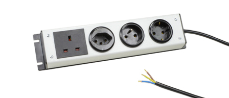 EUROPEAN SCHUKO CEE 7/3, FRANCE CEE 7/5, BRITISH BS 1363A, SWISS SEV 1011, 4 OUTLET 16 AMPERE-250 VOLT PDU POWER STRIP, 2 POLE-3 WIRE GROUNDING (2P+E), 1.5 METER (4FT-11IN) CORD, STRIPPED ENDS. BLACK/GRAY.

<br><font color="yellow">Notes: </font> 
<br><font color="yellow">*</font> PDU horizontal rack mount applications. Use #52019, #52019-BLK rack mounting plates.
<br><font color="yellow">*</font> Additional European, British, Australian, International PDU power strips listed below in related products. Scroll down to view.





 