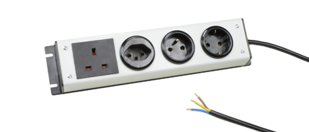 EUROPEAN SCHUKO CEE 7/3, FRANCE CEE 7/5, BRITISH BS 1363A, SWISS SEV 1011, 4 OUTLET 16 AMPERE-250 VOLT PDU POWER STRIP, 2 POLE-3 WIRE GROUNDING (2P+E), 1.5 METER (4FT-11IN) CORD, STRIPPED ENDS. BLACK/GRAY.

<br><font color="yellow">Notes: </font> 
<br><font color="yellow">*</font> PDU horizontal rack mount applications. Use #52019, #52019-BLK rack mounting plates.
<br><font color="yellow">*</font> Complete range of Universal Multi Configuration Power Strips. <a href="https://www.internationalconfig.com/multi-configuration-universal-power-strips-multiple-outlet-pdu-power-distribution-units.asp" style="text-decoration: none">Universal Power Strips Link</a>
<br><font color="yellow">*</font> Additional European, British, Australian, International PDU power strips listed below in related products. Scroll down to view.





 