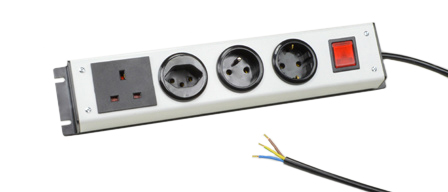 EUROPEAN SCHUKO CEE 7/3, FRANCE CEE 7/5, BRITISH BS 1363A, SWISS SEV 1011, 4 OUTLET 16 AMPERE-250 VOLT PDU POWER STRIP, ILLUMINATED "ON/OFF" D.P. SWITCH, 2 POLE-3 WIRE GROUNDING (2P+E), 1.5 METER (4FT-11IN) CORD, STRIPPED ENDS. BLACK/GRAY.

<br><font color="yellow">Notes: </font> 
<br><font color="yellow">*</font> PDU horizontal rack mount applications. Use #52019, #52019-BLK rack mounting plates.
<br><font color="yellow">*</font> Complete range of Universal Multi Configuration Power Strips. <a href="https://www.internationalconfig.com/multi-configuration-universal-power-strips-multiple-outlet-pdu-power-distribution-units.asp" style="text-decoration: none">Universal Power Strips Link</a>
<br><font color="yellow">*</font> Additional European, British, Australian, International PDU power strips listed below in related products. Scroll down to view.
