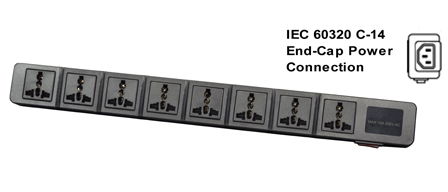 UNIVERSAL INTERNATIONAL MULTI-CONFIGURATION 8 OUTLET, 13A-250V PDU POWER STRIP, 50/60Hz, C-14 POWER INLET, SURGE PROTECTION, ILLUMINATED ON/OFF CIRCUIT BREAKER, 2 POLE-3 WIRE GROUNDING [2P+E]. BLACK.

<br><font color="yellow">Notes: </font> 
<br><font color="yellow">*</font> C-14 power inlet accepts IEC 60320 C-13, C-15 power cords, connectors.
<br><font color="yellow">*</font> Locking C-13 power cords, connectors available. Locks onto C-14 power inlet. View # 57055-LK, 98625-LK6 series.  
<br><font color="yellow">*</font> South Africa 16A-250V plug type M applications: Use # 58210, 58205-C14, 58205 power strips.
<br><font color="yellow">*</font> South Africa 16A-250V plug type N , India 5/6A-250V plug type D applications:  Use # 58206-C14, 58206-C14-USB power strips.
<br><font color="yellow">*</font> Power cords, plugs, outlets, connectors are listed below in related products. Scroll down to view.