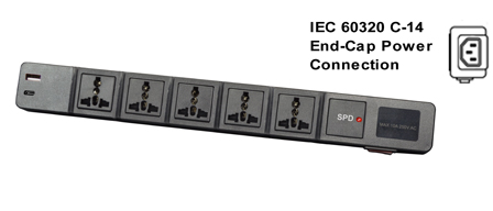 UNIVERSAL INTERNATIONAL, EUROPEAN MULTI-CONFIGURATION PDU, 5 OUTLET, 13 AMPERE-250 VOLT POWER STRIP (3250 WATTS), 50/60Hz, C-14 POWER INLET, SURGE PROTECTION, FILTER, ONE TYPE A USB, ONE TYPE C USB <font color="yellow">++</font>, SHUTTERED CONTACTS, ILLUMINATED <font color="yellow"> D.P. ON/OFF CIRCUIT BREAKER</font>, 2 POLE-3 WIRE GROUNDING [2P+E]. BLACK.
<BR><font color="yellow">++</font> MAX. ENERGY = JOULE: 820. MATERIALS: NYLON, ABS, PC, OPERATING TEMP = -20C to +80C.

<br><font color="yellow">Notes: </font> 
<br><font color="yellow">*</font> Desk, Wall, Rack mount. 
<BR><font color="yellow">*</font> Horizontal rack mount requires # 52019-BLK mounting plate.
<br><font color="yellow">*</font> Power inlet accepts C-13, C-15 cords, connectors. C-13 and Locking C-13 power cords available. <font color="yellow"> View print for details. </font>  
<br><font color="yellow">*</font> Universal Multi-Configuration outlets accept European, Germany, France, Belgium, UK, British, Italy, Denmark, Swiss, Australia, China, Japan, Brazil, Argentina, American, South America, Israel, Asia, Thailand plugs. <font color="yellow"> View print for plug compatibility chart.</font> 
<br><font color="yellow">*</font> Outlets also accept South Africa, India <font color="yellow">Type D</font> 5/6A-250V BS 546 plugs and South Africa 16A-250V <font color="yellow">Type N</font> SANS 164-2 plugs </font>.
<br><font color="yellow">*</font> Plug adapter # 30140-BLK provides ground [Earth Connection] when Schuko CEE 7/4, CEE 7/7 plugs are used with outlet strip.
<br><font color="yellow">*</font> Complete range of Universal Multi Configuration Power Strips. <a href="https://www.internationalconfig.com/multi-configuration-universal-power-strips-multiple-outlet-pdu-power-distribution-units.asp" style="text-decoration: none">Universal Power Strips Link</a>
<br><font color="yellow">*</font> Power cords, plugs, outlets, connectors are listed below in related products. Scroll down to view.