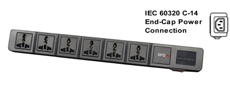 UNIVERSAL INTERNATIONAL, EUROPEAN MULTI-CONFIGURATION PDU, 6 OUTLET, 13 AMPERE-250 VOLT POWER STRIP (3250 WATTS), 50/60Hz, C-14 POWER INLET, SURGE PROTECTION, FILTER <font color="yellow">++</font>, SHUTTERED CONTACTS, ILLUMINATED <font color="yellow"> D.P. ON/OFF CIRCUIT BREAKER</font>, 2 POLE-3 WIRE GROUNDING [2P+E]. BLACK.
<BR><font color="yellow">++</font> MAX. ENERGY = JOULE: 820. MATERIALS: NYLON, ABS, PC, OPERATING TEMP = -20C to +80C.

<br><font color="yellow">Notes: </font> 
<br><font color="yellow">*</font> Desk, Wall, Rack mount. 
<BR><font color="yellow">*</font> Horizontal rack mount requires # 52019-BLK mounting plate.
<br><font color="yellow">*</font> Power inlet accepts C-13, C-15 cords, connectors. C-13 and Locking C-13 power cords available. <font color="yellow"> View print for details. </font>  
<br><font color="yellow">*</font> Universal Multi-Configuration outlets accept European, Germany, France, Belgium, UK, British, Italy, Denmark, Swiss, Australia, China, Japan, Brazil, Argentina, American, South America, Israel, Asia, Thailand plugs. <font color="yellow"> View print for plug compatibility chart.</font> 
<br><font color="yellow">*</font> Outlets also accept South Africa, India <font color="yellow">Type D</font> 5/6A-250V BS 546 plugs and South Africa 16A-250V <font color="yellow">Type N</font> SANS 164-2 plugs </font>.
<br><font color="yellow">*</font> Plug adapter # 30140-BLK provides ground [Earth Connection] when Schuko CEE 7/4, CEE 7/7 plugs are used with outlet strip.
<br><font color="yellow">*</font> Complete range of Universal Multi Configuration Power Strips. <a href="https://www.internationalconfig.com/multi-configuration-universal-power-strips-multiple-outlet-pdu-power-distribution-units.asp" style="text-decoration: none">Universal Power Strips Link</a>
<br><font color="yellow">*</font> Power cords, plugs, outlets, connectors are listed below in related products. Scroll down to view.