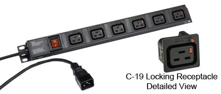 <font color="RED">LOCKING </font> IEC 60320 C-19, C-20, 16 AMPERE-250 VOLT, 6 OUTLET PDU POWER STRIP, <font color="RED"> LOCKING C-19 POWER OUTLETS</font>, C-20 POWER PLUG WITH 3.0 METER (9FT-10IN) CORD, "19 IN." VERTICAL RACK OR SURFACE MOUNT, (1U) METAL ENCLOSURE, ON/OFF DOUBLE POLE ILLUMINATED SWITCH, 2 POLE-3 WIRE GROUNDING (2P+E). BLACK.

<br><font color="yellow">Notes: </font> 
<br><font color="yellow">*</font> Locking C19 receptacles designed to securely lock onto all C20 plugs, C20 power cords.
<br><font color="yellow">*</font> Operating temp. = -10�C to +60�C.
<br><font color="yellow">*</font> Storage temp. = -25�C to +65�C.
<br><font color="yellow">*</font> Press in and hold down the <font color=Red>red button</font> until the C-20 plug is fully seated in the C-19 locking outlet, then release the button. This procedure locks in the C-20 plug. Push in and hold the red button to unlock the C-20 plug.
<br><font color="yellow">*</font> <font color="RED"> IEC 60320 Integrated Component Locking System:</font> IEC 60320 C-19 locking power strip and locking power cords when connected with #57103-LK panel mount power outlet provides a system wide configuration of integrated locking components that prevent accidental disconnects. Call application specialist for details.
<br><font color="yellow">*</font> C-19, C-20 locking  power cords, locking outlet strips, locking C-19 panel mount outlets are listed below in related products. Scroll down to view.











 
