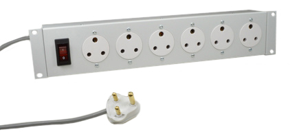 SOUTH AFRICA 15 AMPERE-250 VOLT 6 OUTLET PDU POWER STRIP, TYPE M SOCKETS, SANS 164-1, BS 546, (UK2-15R), SHUTTERED CONTACTS, METAL ENCLOSURE, "19 IN." HORIZONTAL RACK MOUNT, ILLUMINATED 15 AMP. DOUBLE POLE CIRCUIT BREAKER, 2 POLE-3 WIRE GROUNDING (2P+E), <br><font color="yellow">2.0 METER (6FT-7IN) CORD.</font> 
<br><font color="yellow">Notes: </font> 
<br><font color="yellow">*</font> EN 60950-1 Safety & Compliance Testing (UKAS Accredited Lab)
<br><font color="yellow">*</font> Operating temp. = 0�C to +60�C.
<br><font color="yellow">*</font> Storage temp. = -10�C to +70�C.
<br><font color="yellow">*</font> South Africa plugs, outlets, power cords, connectors, outlet strips, GFCI sockets listed below in related products. Scroll down to view.


 