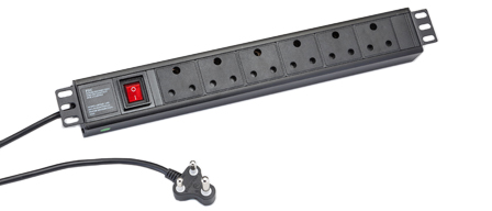SOUTH AFRICA 15 AMPERE-250 VOLT 6 OUTLET PDU POWER STRIP, TYPE M SOCKETS, SANS 164-1, BS 546, (UK2-15R), SHUTTERED CONTACTS, ILLUMINATED ON/OFF D.P. SWITCH, "19 IN." HORIZONTAL RACK MOUNT, (1.5U) METAL ENCLOSURE, 2 POLE-3 WIRE GROUNDING (2P+E). BLACK. 

<br><font color="yellow">3.0 METER (9FT-10IN) CORD.</font> 
<br><font color="yellow">Notes: </font> 
<br><font color="yellow">*</font> Operating temp. = 0�C to +60�C.
<br><font color="yellow">*</font> Storage temp. = -25�C to +65�C.
<br><font color="yellow">*</font> South Africa plugs, outlets, power cords, connectors, outlet strips, GFCI plugs/connectors listed below in related products. Scroll down to view.
