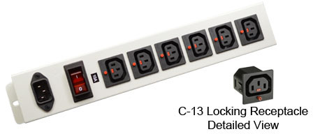 <font color="red">LOCKING </font> IEC 60320 C-13 C-14 PDU POWER STRIP, 6 IEC 60320 <font color="red">LOCKING C-13 POWER OUTLETS </font>, 10 AMPERE 230 VOLT, VERTICAL RACK / SURFACE MOUNT, METAL ENCLOSURE, ILLUMINATED 10 AMPERE DOUBLE POLE CIRCUIT BREAKER, 2 POLE-3 WIRE GROUNDING (2P+E), IEC 60320 C-14 POWER INLET, GRAY.

<br><font color="yellow">Notes: </font> 
<br><font color="yellow">*</font> Press in and hold down the <font color=Red>red button</font> until the C-14 plug is fully seated in the C-13 locking outlet, then release the button. This procedure locks in the C-14 plug. Push in and hold the red button to unlock the C-14 plug.
<br><font color="yellow">*</font> </font><font color="RED"> IEC 60320 Integrated Component Locking System:</font> IEC 60320 C-13 locking power strip, locking power cords and locking power outlets (NEMA L5-15, L6-15, L5-20, L6-20, L5-30, L6-30 and IEC 60309 (6h) (4h) type) can be combined in a system wide configuration of integrated locking components that prevent accidental disconnects. Call application specialist for details.
