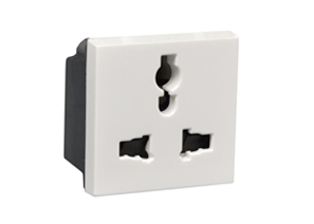 INDIA 13 AMPERE-250 VOLT, 15 AMPERE-127 VOLT UNIVERSAL MULTI-CONFIGURATION OUTLET, 45mmX45mm MODULAR SIZE, SHUTTERED CONTACTS, 2 POLE-3 WIRE GROUNDING [2P+E]. WHITE. 

<br><font color="yellow">Notes: </font> 
<br><font color="yellow">*</font> Outlet accepts India, South Africa <font color="yellow"> 5A/6A -250V Type D Plugs, British Type G Plugs, European, International, American Plugs.</font> 
<br><font color="yellow">*</font> Adapter #30140-A available, provides "Earth" connection for CEE 7/7, CEE 7/4 Type E, F plugs used with # 63140X45 outlet.
<br><font color="yellow">*</font> Mounts on American 2X4 wall boxes, requires frame # 79120X45-N & # 79130X45-N wall plate (White, Black, ALU, SS). 
<br> <font color="yellow">*</font> Mounts on American 4X4 wall boxes, requires frame # 79210X45-N & # 79220X45-N wall plate (White, SS).<br><font color="yellow">*</font> Mounts on European wall boxes (60mm on center), requires frame # 79250X45-N & wall plate # 79265X45-N.
<br><font color="yellow">*</font> Surface mount insulated wall boxes # 680602X45 series. Surface mount Metal wall boxes # 79235X45 series.
<br><font color="yellow">*</font> Surface mount weatherproof, IP66 rated. Requires frame # 730092X45 & # 74790X45 wall box.
<br><font color="yellow">*</font> Panel mount frames # 79100X45, # 79100X45-ALU. DIN rail mount Frame # 79595X45. <a href="https://www.internationalconfig.com/catalog_pages/pg94.pdf" style="text-decoration: none" target="_blank"> Panel Mount Instruction Guide</a>
<br><font color="yellow">*</font> Complete range of modular devices and mounting component options. <a href="https://www.internationalconfig.com/modular_electrical_devices.asp" style="text-decoration: none">Modular Devices Link</a>
 <br><font color="yellow">*</font> Wall plates, boxes, outlets, switches, modular GFCI/RCD and circuit breakers are listed below. Scroll down to view. 


 