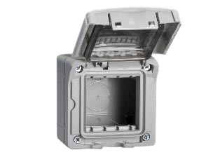 WEATHERPROOF, 2 GANG, IP55 RATED, INSULATED, SURFACE MOUNT BOX AND COVER (*) WITH TRANSPARENT LIFT LID. GRAY.

<br><font color="yellow">Notes: </font> 
<br><font color="yellow">*</font> Accepts two 22.5mmX45mm or one 45mmX45mm modular size device.
<BR><font color="yellow">*</font> View European, British, International Outlets / Switches. <a href="https://www.internationalconfig.com/modular_electrical_devices.asp" style="text-decoration: none">[ Entire Modular Device Series ]</a>
<br><font color="yellow">*</font> Box has 23mm diameter knockouts & membrane gland cable entry.
<br><font color="yellow">*</font> Not for use with # 74452X45 circuit breaker.
<br><font color="yellow">*</font> (*) Weatherproof cover has flexible transparent membrane insert that allows switches, GFCI/RCD & overload circuit breakers to be turned ON / OFF when cover is closed.



  
 