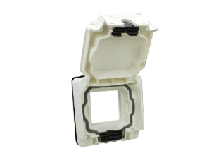WEATHERPROOF (IP66 RATED) WALL BOX OR PANEL MOUNT LIFT LID COVER. WHITE.

<br><font color="yellow">Notes: </font> 
<br><font color="yellow">*</font> Cover accepts 45mmX45mm 0R 22.5mmX45mm modular size outlets, GFCI/Overload circuit breakers, switches.
<br><font color="yellow">*</font> Use wall boxes #72350X35D, 72350X47D, 72350-F for flush mount installations.
<br><font color="yellow">*</font> When used with most "down angle" type plugs the weatherproof cover can be completely closed.

