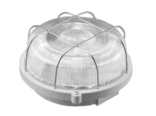 EUROPEAN / INTERNATIONAL ROUND BULKHEAD 230 VOLT, 50 HZ, 13 WATT FLUORESCENT, IP44 RATED LIGHT FIXTURE, (LESS LAMP), GLASS LENS, STEEL WIRE LENS GUARD, THERMOPLASTIC BASE, THREE CONDUIT/CABLE ENTRIES, SURFACE MOUNT. GRAY. 

<br><font color="yellow">Notes: </font> 
<br><font color="yellow">*</font> Use lamp #69320.