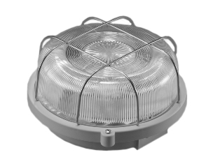 EUROPEAN / INTERNATIONAL ROUND BULKHEAD 230 VOLT, 50 HZ, 13 WATT FLUORESCENT, IP44 RATED LIGHT FIXTURE, (LESS LAMP), GLASS LENS, STEEL WIRE LENS GUARD, THERMOPLASTIC BASE, THREE CONDUIT/CABLE ENTRIES, SURFACE MOUNT. GRAY. 

<br><font color="yellow">Notes: </font> 
<br><font color="yellow">*</font> Use lamp #69320.